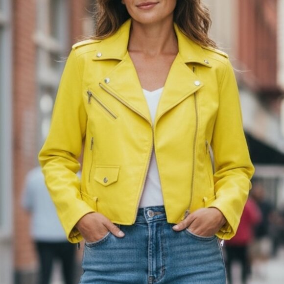 568 WOMENS 3X YELLOW FAUX LEATHER JACKET BY SKY PLUS - Picture 1 of 1